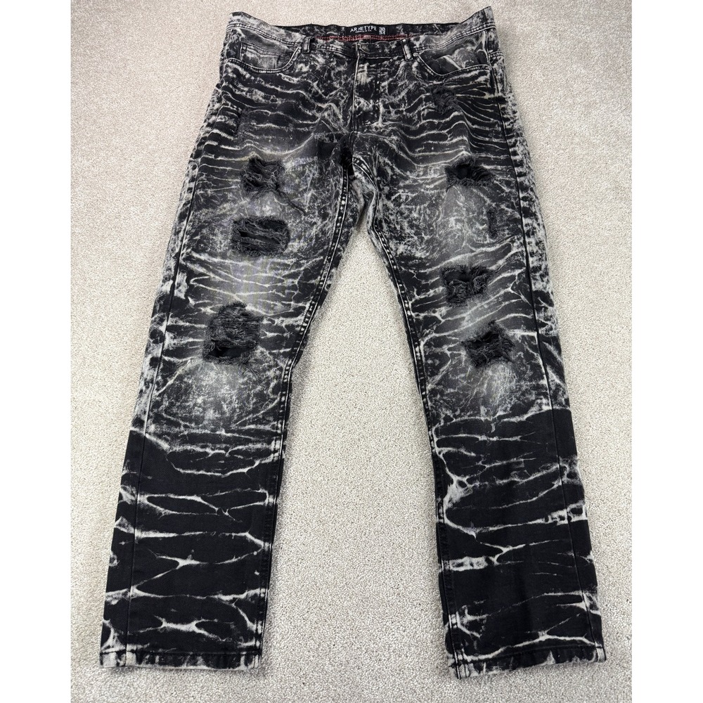 Arketype Men's 38x34 Tiger Stripe Bleach Wash Distressed Ripped Straight Jeans